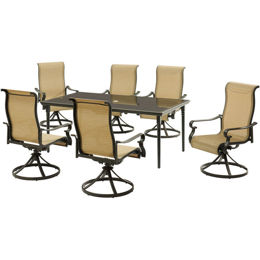Hanover Brigantine7pc: 6 Sling Swivel Rockers, 40x70" Glass Dining Table37