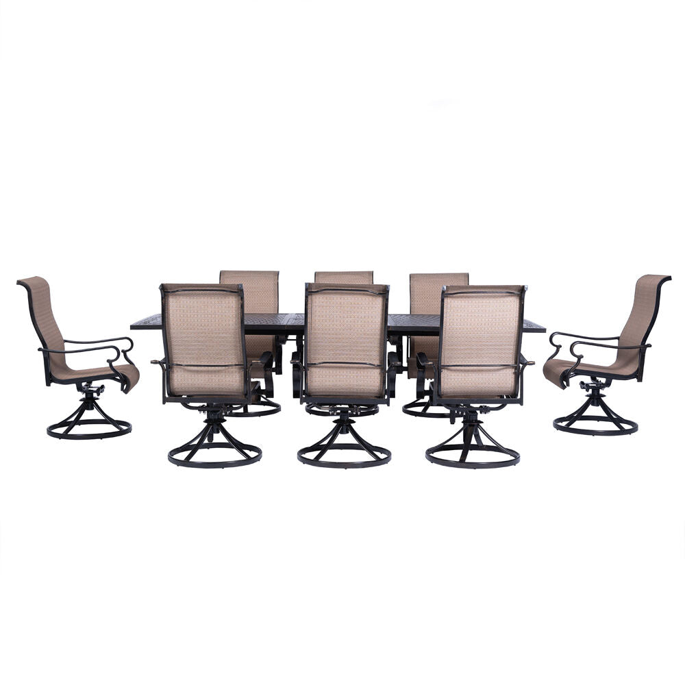 Hanover Brigantine9pc: 8 Sling Swivel Rockers, Expandable Cast Dining Table42
