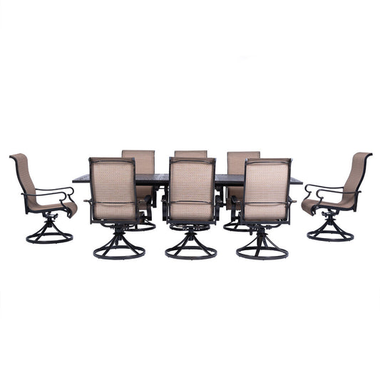 Hanover Brigantine9pc: 8 Sling Swivel Rockers, Expandable Cast Dining Table42