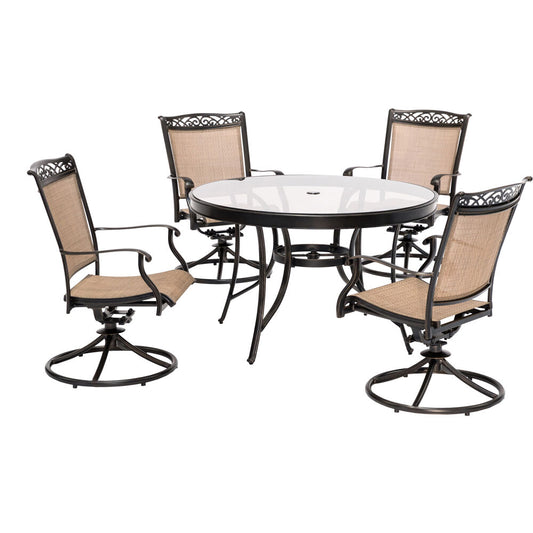 Hanover Fontana5pc: 4 Sling Swivel Rockers, 48" Round Glass Top Table52