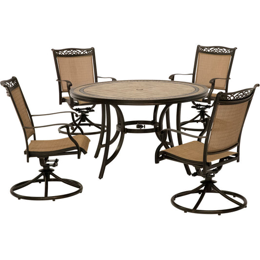 Hanover Fontana5pc: 4 Sling Swivel Rockers, 51" Round Tile Top Table53