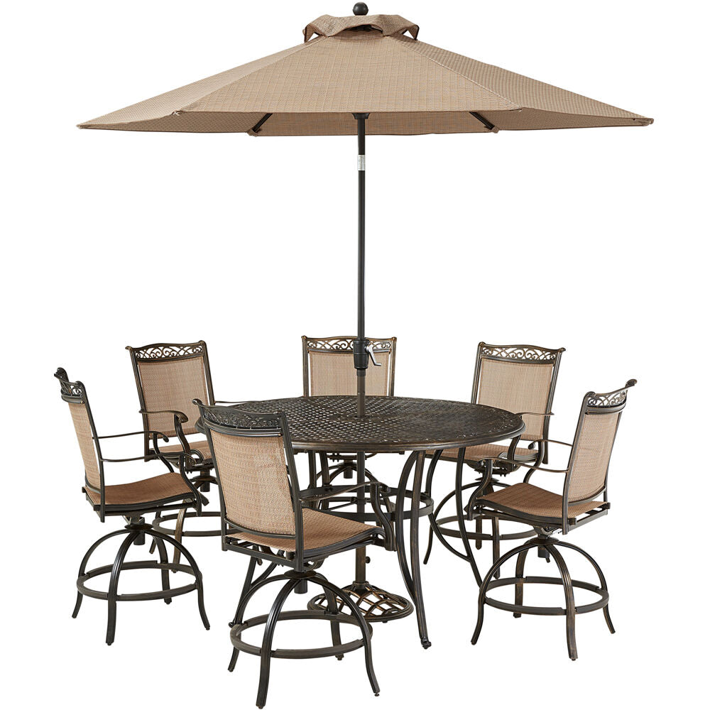 Hanover Fontana7pc: 6 Counter Hght Swivel Sling Chrs, 60" Cast Tbl, Umb, Base57