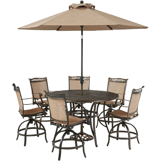 Hanover Fontana7pc: 6 Counter Hght Swivel Sling Chrs, 60" Cast Tbl, Umb, Base57