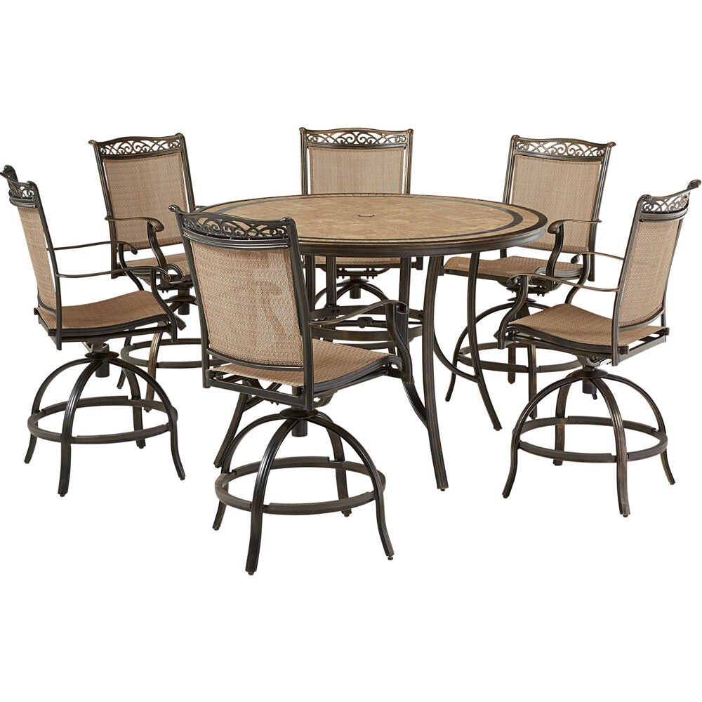 Hanover Fontana7pc: 6 Counter Hght Swivel Sling Chrs, 56" Round Tile Tbl58