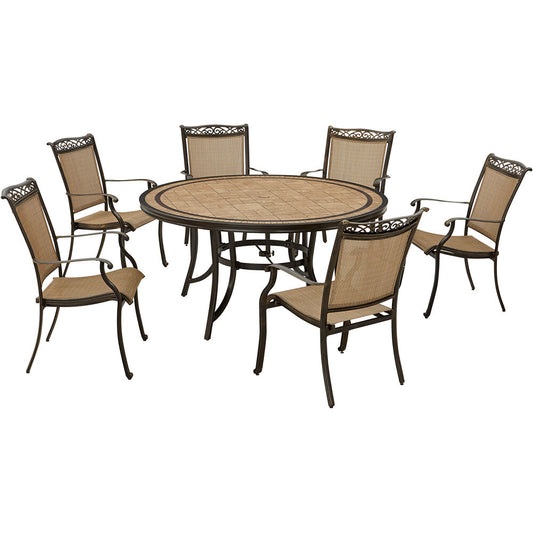 Hanover Fontana7pc: 6 Sling Dining Chairs, 60" Round Tile Table59
