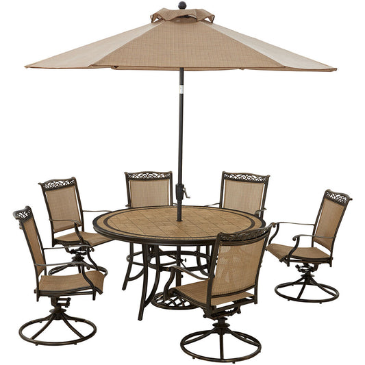 Hanover Fontana7pc: 6 Sling Swivel Rockers, 60" Round Tile Table, Umbrella, Base62