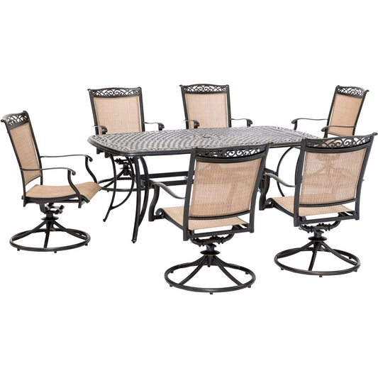 Hanover Fontana7pc: 6 Sling Swivel Rockers and 38"x72" Cast Table63