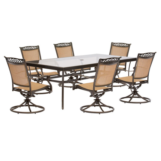 Hanover Fontana7pc: 6 Sling Swivel Rockers, 42x84" Glass Top Table64