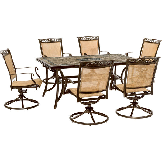 Hanover Fontana7pc: 6 Sling Swivel Rockers, 40x68" Tile Top Table65