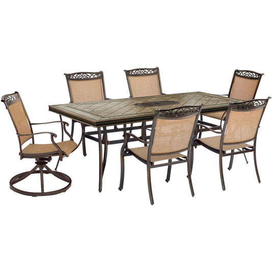 Hanover Fontana7pc: 4 Sling Dining Chairs, 2 Sling Swvl Rockers, 40x68" Tile Tbl66