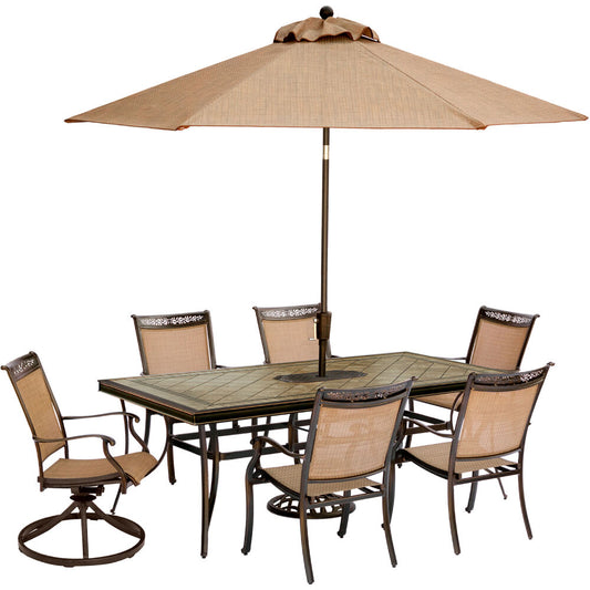 Hanover Fontana7pc: 4 Sling Chrs, 2 Sling Swvl Rckrs, 40x68" Tile Tbl, Umb, Base67