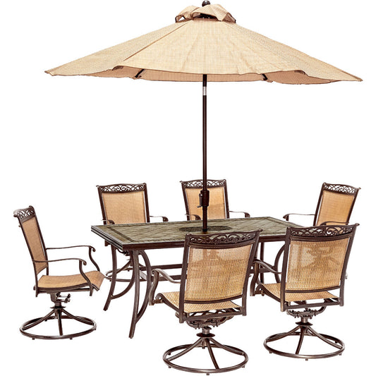 Hanover Fontana7pc: 6 Sling Swivel Rockers, 40x68" Tile Top Table, Umb, Base69