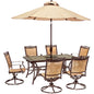 Hanover Fontana7pc: 6 Sling Swivel Rockers, 40x68" Tile Top Table, Umb, Base69
