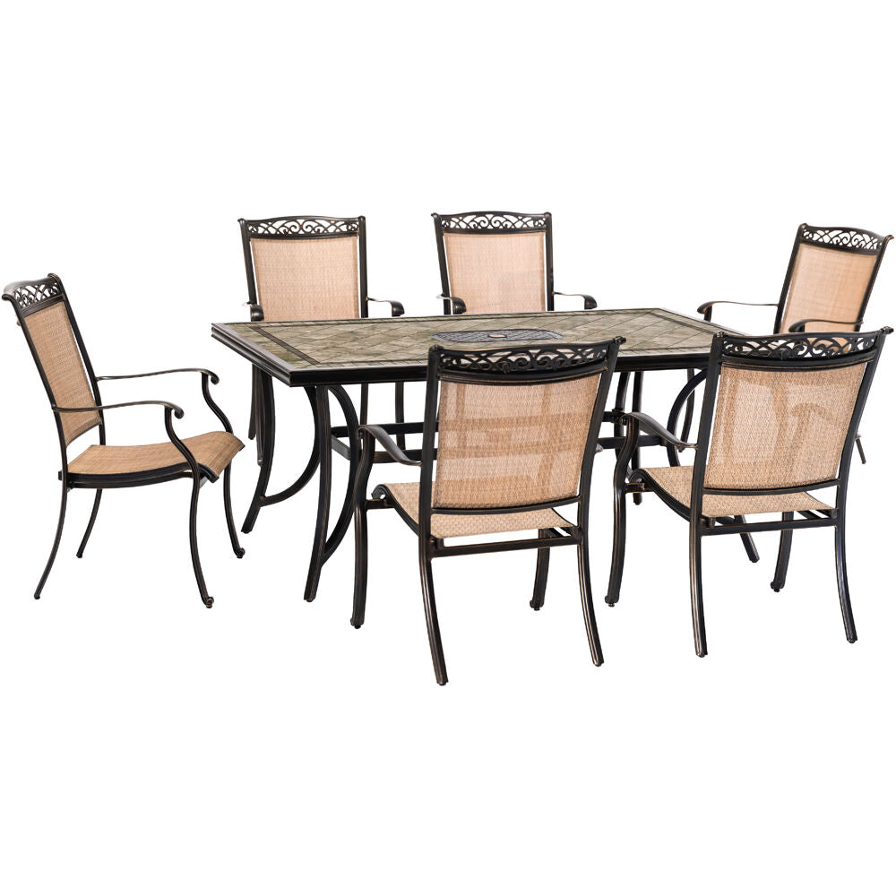 Hanover Fontana7pc: 6 Sling Dining Chairs, 40x68" Tile Top Table70