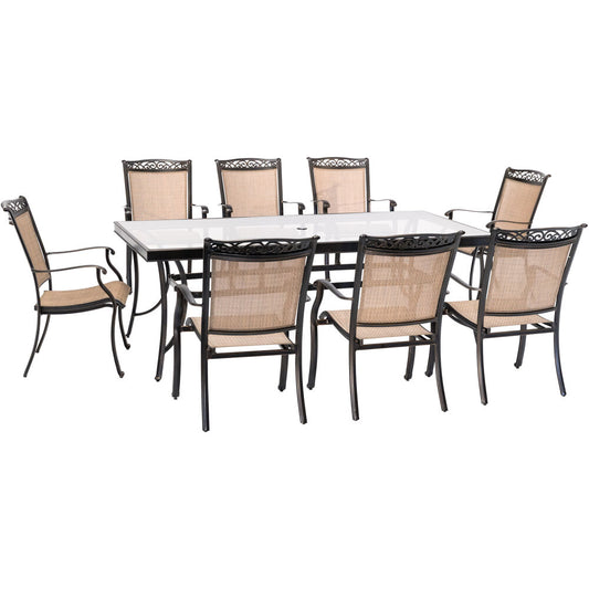 Hanover Fontana9pc: 8 Sling Dining Chairs, 42x84" Glass Top Table73