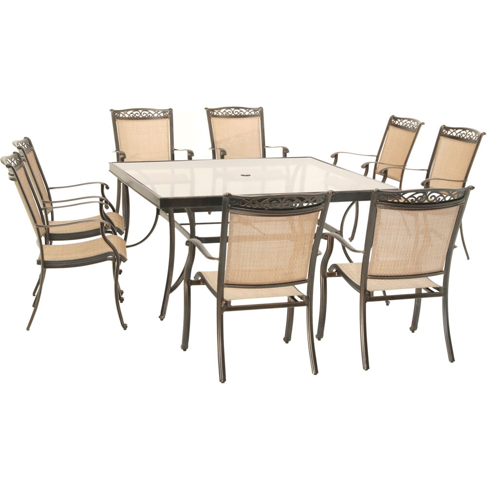Hanover Fontana9pc: 8 Sling Dining Chairs, 60" Square Glass Top Table75