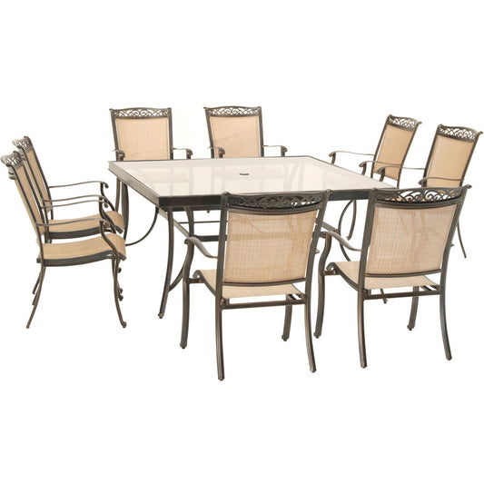 Hanover Fontana9pc: 8 Sling Dining Chairs, 60" Square Glass Top Table75