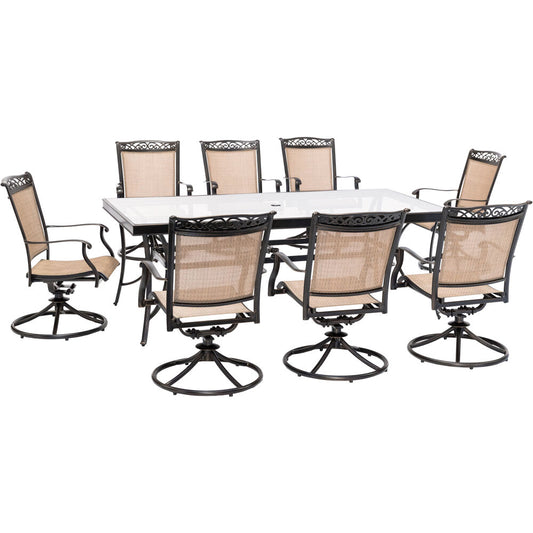 Hanover Fontana9pc: 8 Sling Swivel Rockers, 42x84" Glass Top Table78