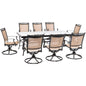 Hanover Fontana9pc: 8 Sling Swivel Rockers, 42x84" Glass Top Table78