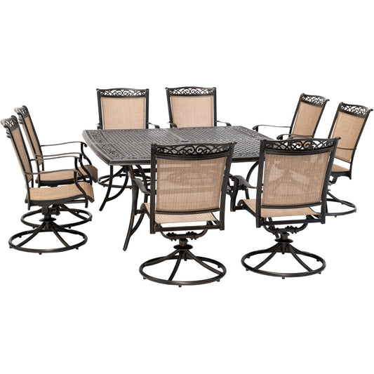 Hanover Fontana9pc: 8 Sling Swivel Rockers and 60" Square Cast Table79