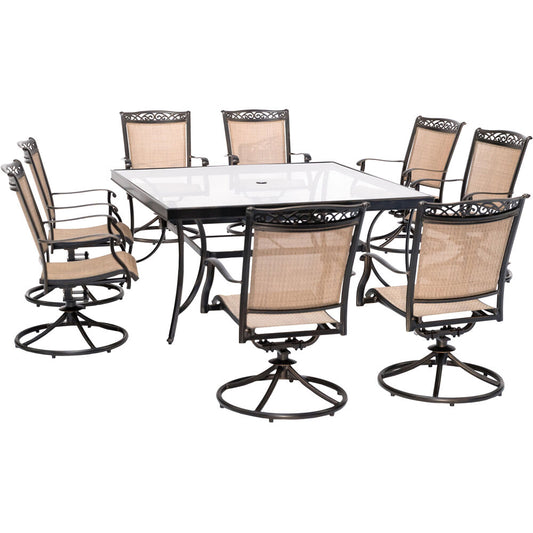 Hanover Fontana9pc: 8 Sling Swivel Rockers, 60" Square Glass Top Table80