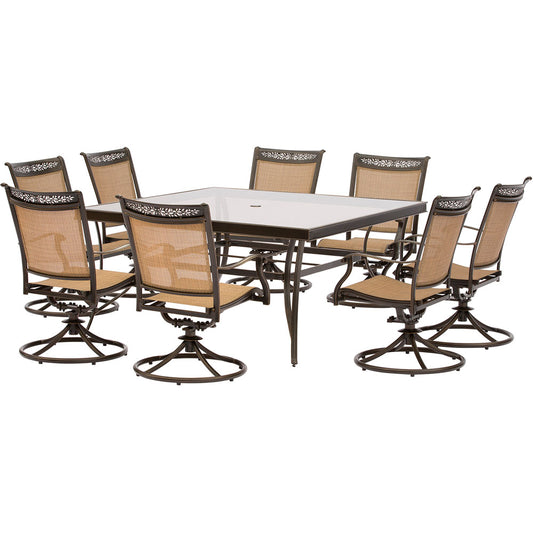 Hanover 9pc Dining Set: 60" sq glass top tbl, 8 sling swivel rockers, cover81