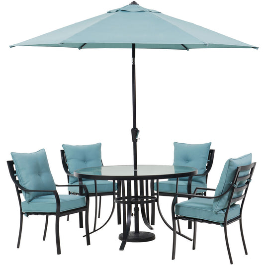 Hanover Lavallette5pc: 4 Dining Chairs, Round Glass Tbl, Umbrella & Base86
