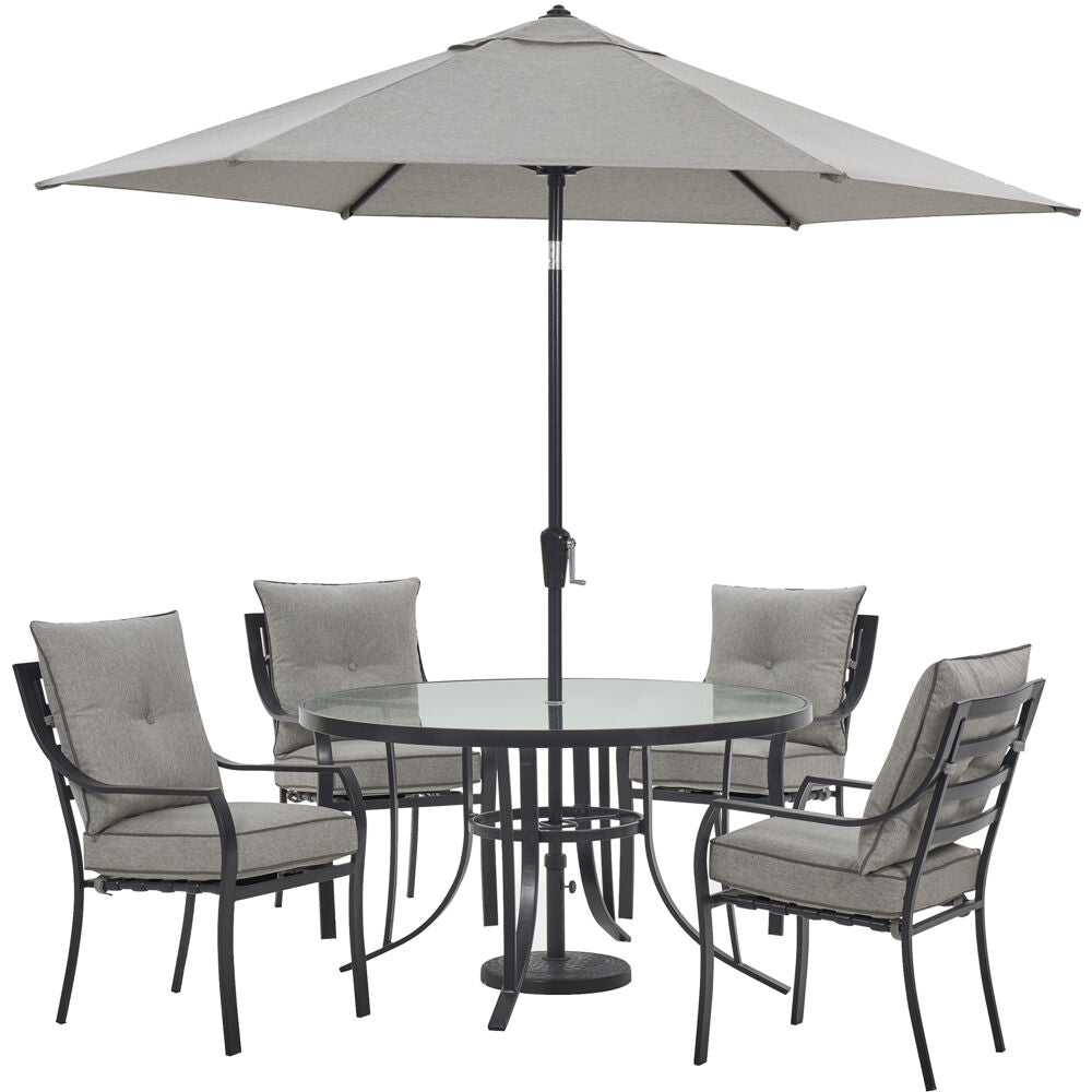 Hanover Lavallette5pc: 4 Dining Chairs, Round Glass Tbl, Umbrella & Base88