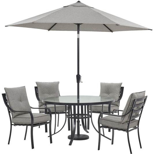 Hanover Lavallette5pc: 4 Dining Chairs, Round Glass Tbl, Umbrella & Base88
