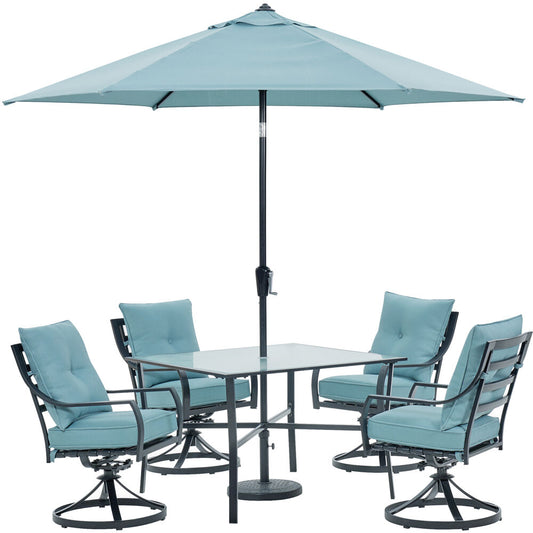 Hanover Lavallette5pc: 4 Swivel Dining Chairs, Square Glass Tbl, Umbrella & Base92