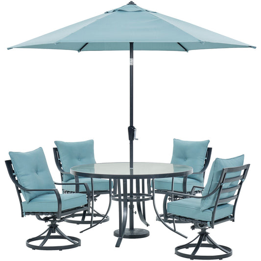 Hanover Lavallette5pc: 4 Swivel Chrs, Round Glass Tbl, Umbrella & Base94