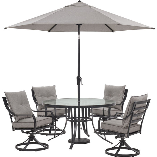 Hanover Lavallette5pc: 4 Swivel Chrs, Round Glass Tbl, Umbrella & Base96