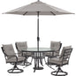 Hanover Lavallette5pc: 4 Swivel Chrs, Round Glass Tbl, Umbrella & Base96