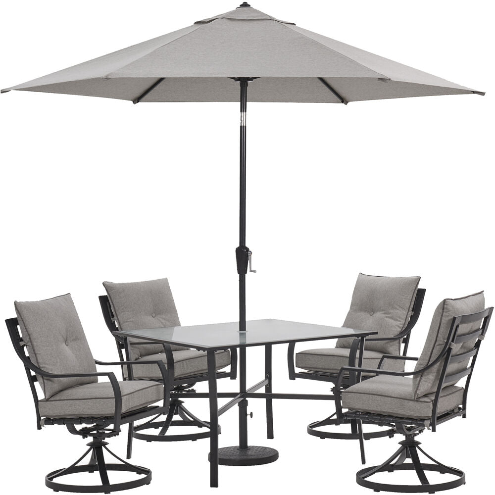 Hanover Lavallette5pc: 4 Swivel Dining Chairs, Square Glass Tbl, Umbrella & Base98