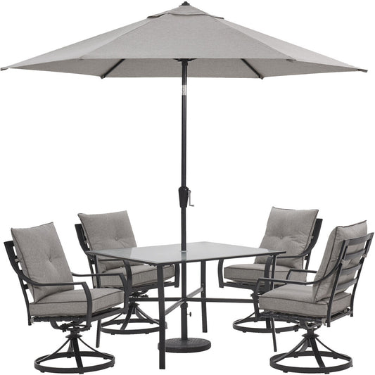 Hanover Lavallette5pc: 4 Swivel Dining Chairs, Square Glass Tbl, Umbrella & Base98