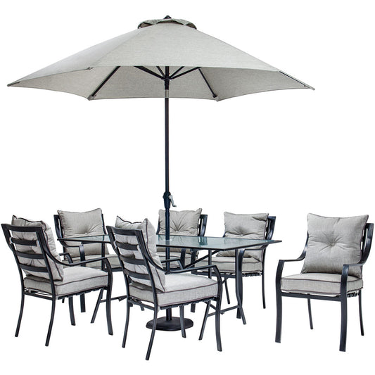 Hanover Lavallette 7pc Dining Set: Glass Table, 6 Cushion Chairs, Umbrella/Base101