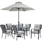 Hanover Lavallette 7pc Dining Set: Glass Table, 6 Cushion Chairs, Umbrella/Base101