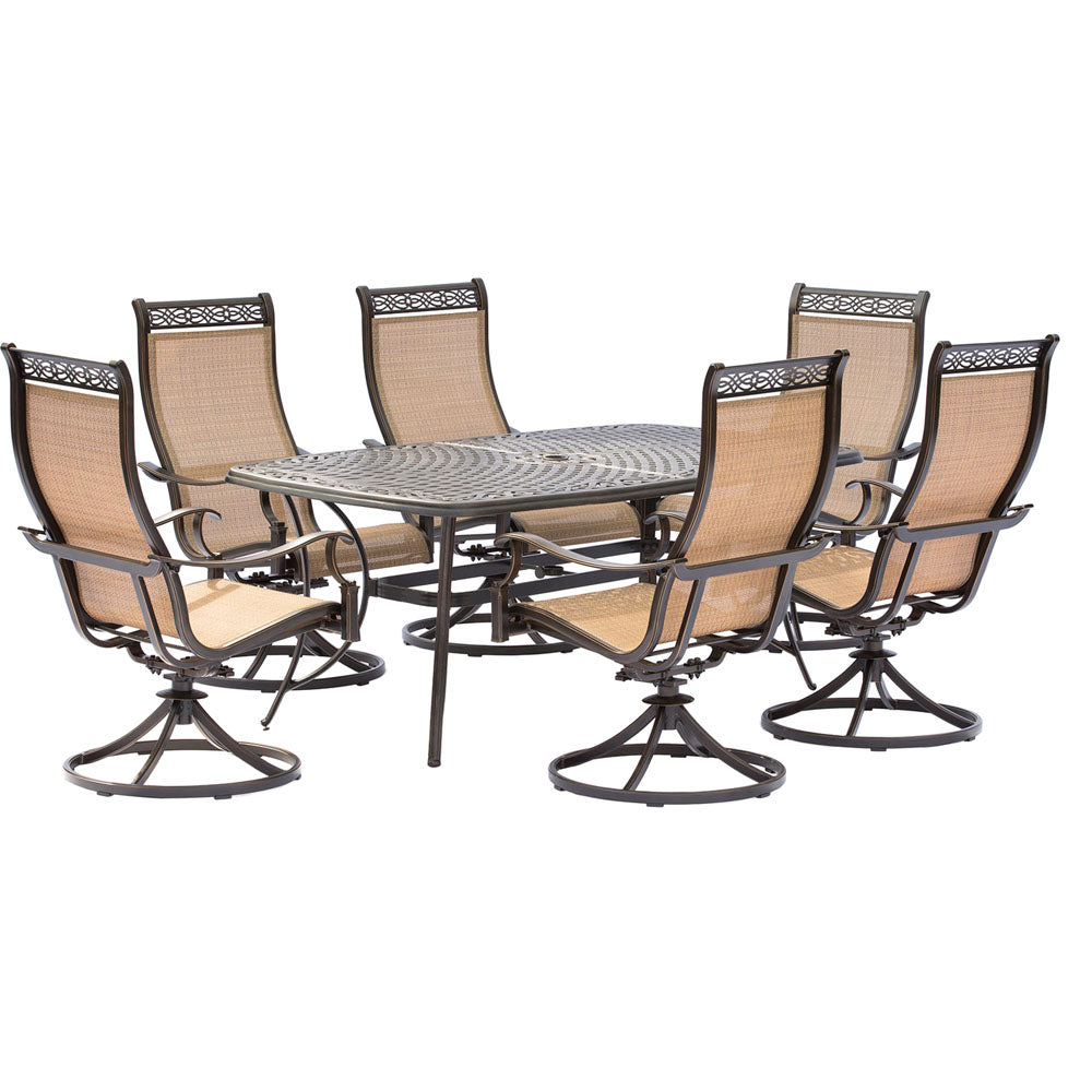 Hanover Manor7pc: 6 Sling Swivel Rockers, 38x72" Cast Table123