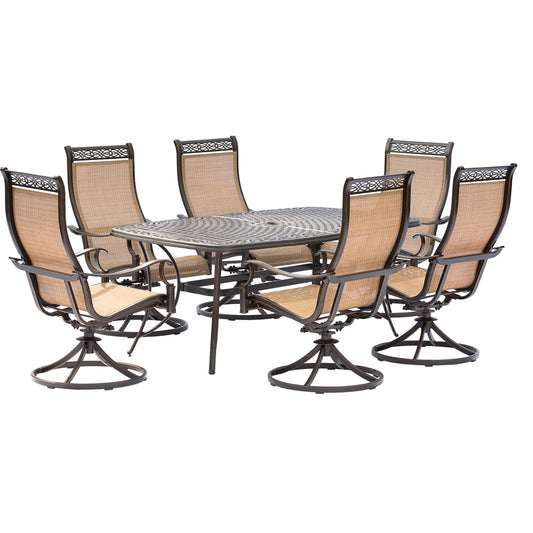 Hanover Manor7pc: 6 Sling Swivel Rockers, 38x72" Cast Table123