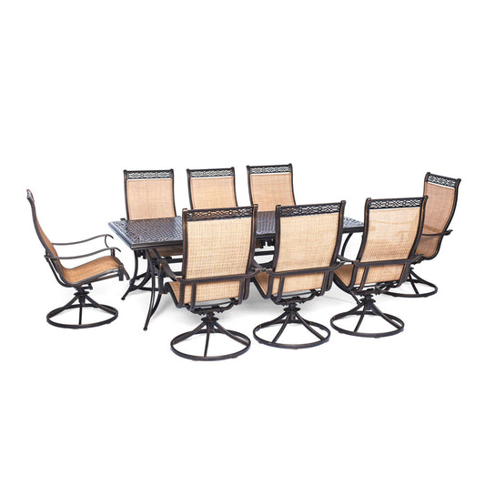 Hanover Manor9pc: 8 Sling Swivel Rockers, 42x84" Cast Table131