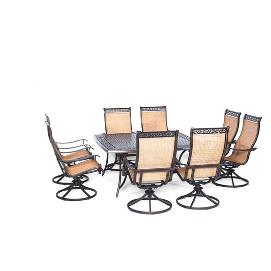 Hanover Manor9pc: 8 Sling Swivel Rockers, 60" Square Cast Table132