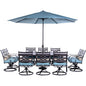 Hanover Montclair11pc: 10 Swivel Rockers, 60"x84" Table, Umbrella, Umb Base136
