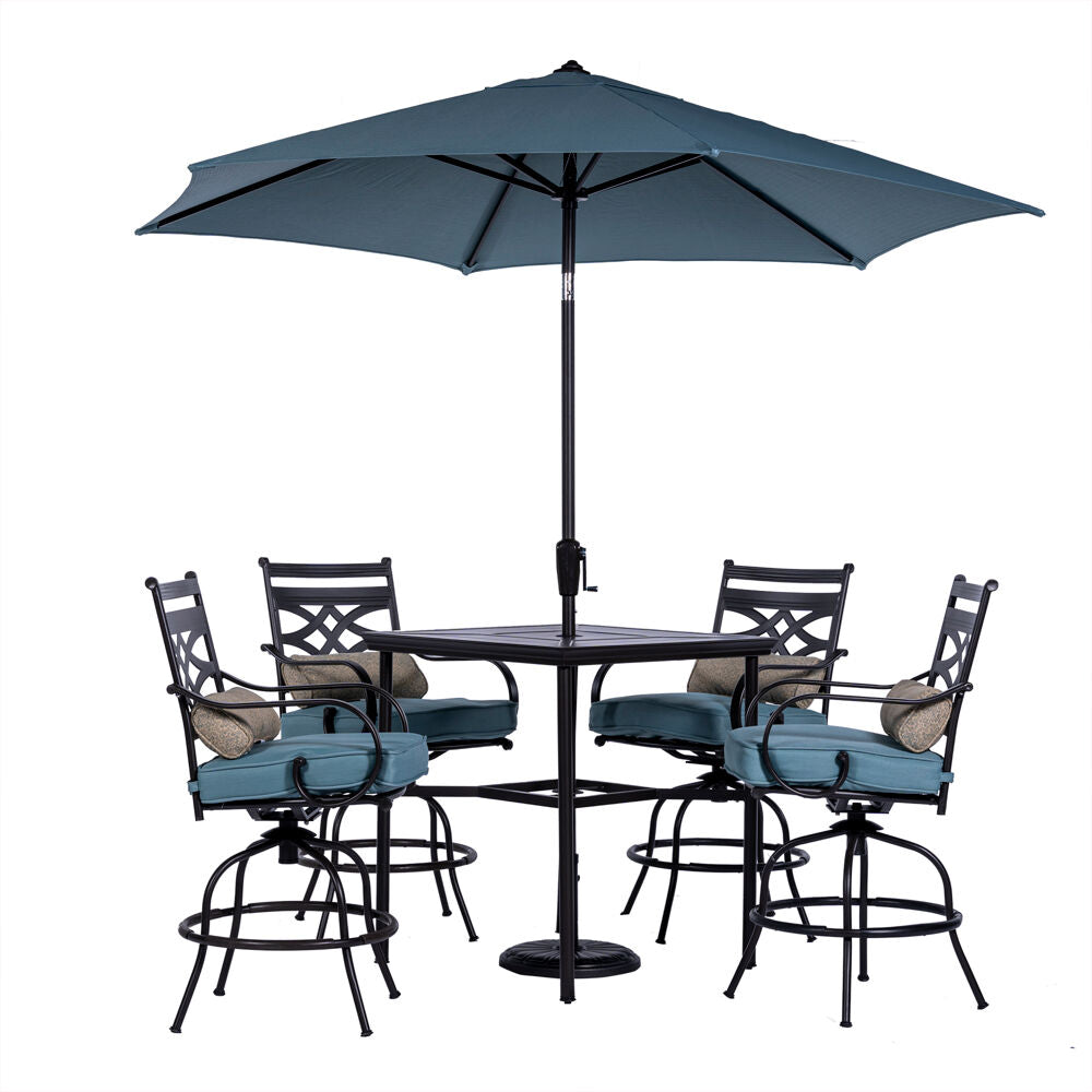 Hanover Montclair5pc High Dining: 4 Swivel Chairs, 33" Sq High Tbl, Umb & Base153