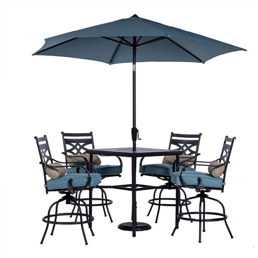 Hanover Montclair5pc High Dining: 4 Swivel Chairs, 33" Sq High Tbl, Umb & Base153