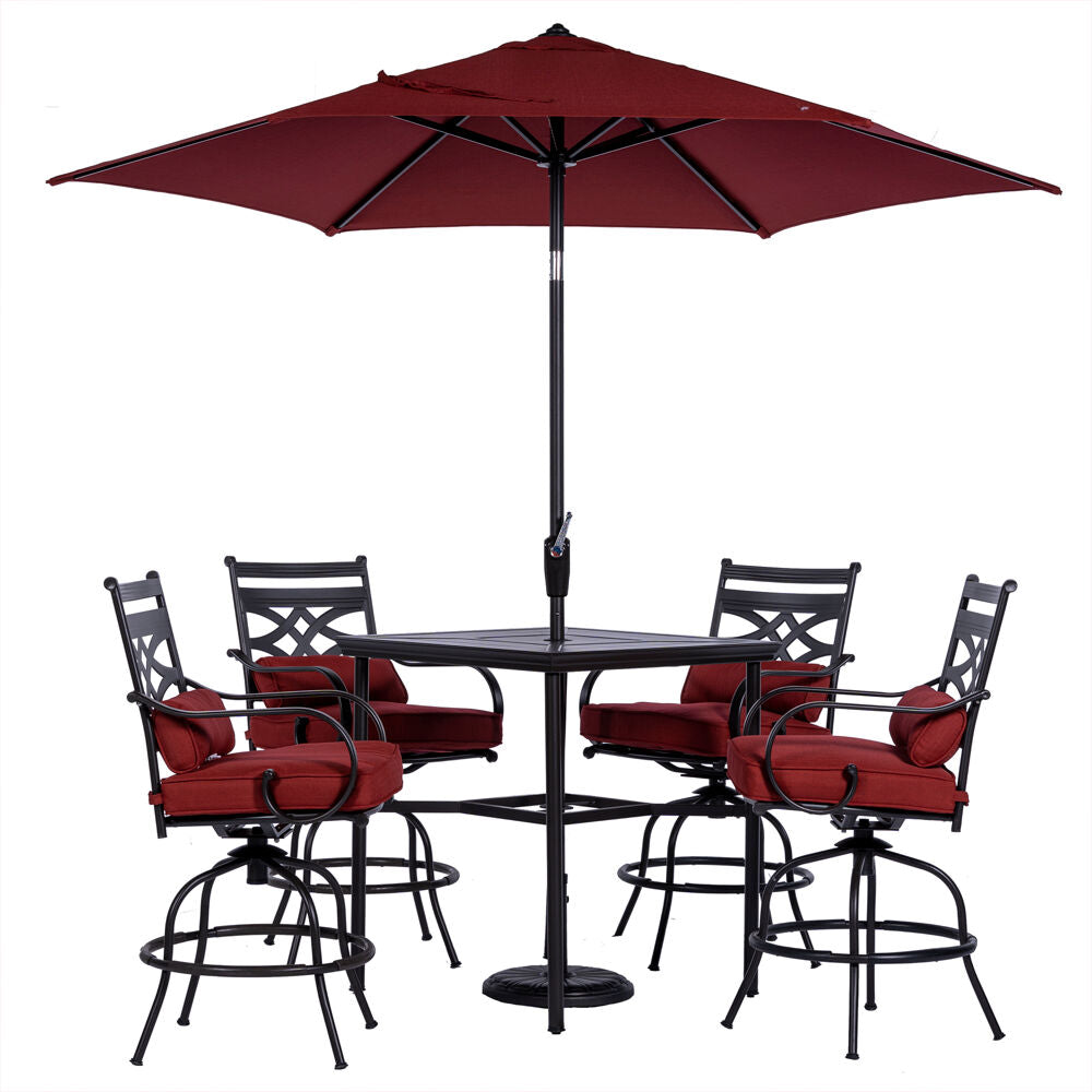 Hanover Montclair5pc High Dining: 4 Swivel Chairs, 33" Sq High Tbl, Umb & Base154