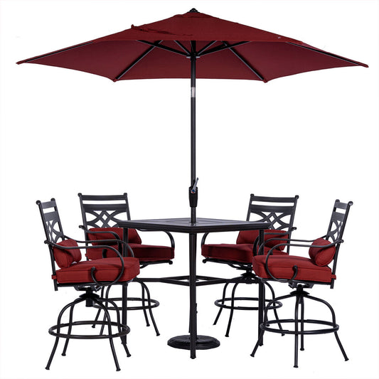 Hanover Montclair5pc High Dining: 4 Swivel Chairs, 33" Sq High Tbl, Umb & Base154