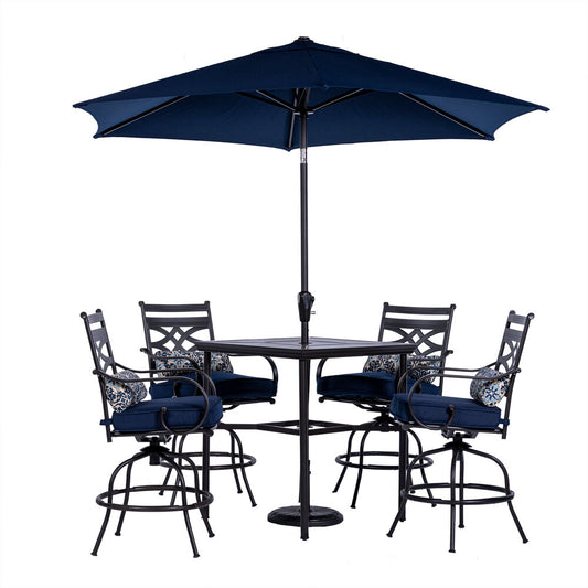 Hanover Montclair5pc High Dining: 4 Swivel Chairs, 33" Sq High Tbl, Umb & Base155