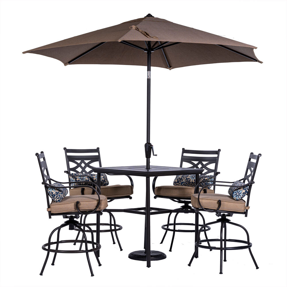 Hanover Montclair5pc High Dining: 4 Swivel Chairs, 33" Sq High Tbl, Umb & Base156