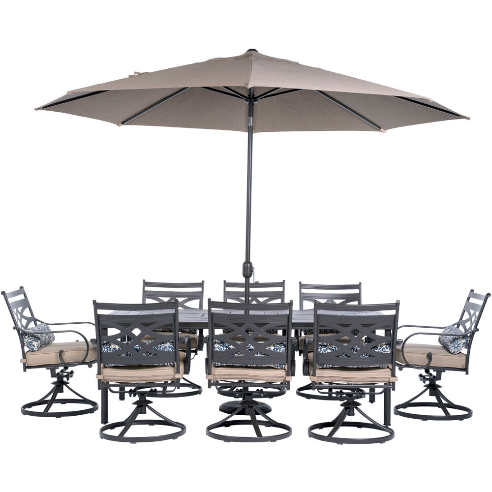 Hanover Montclair9pc: 8 Swivel Rockers, 42"x84" Dining Tbl, Umbrella, Umb Base182