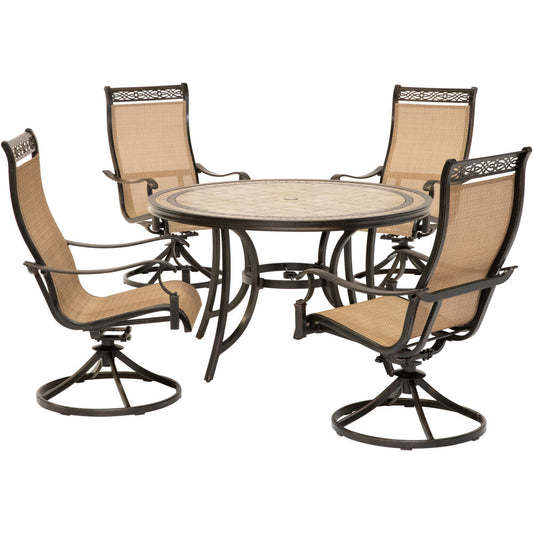 Hanover Monaco5pc: 4 Sling Swivel Rockers, 51" Round Tile Top Table193